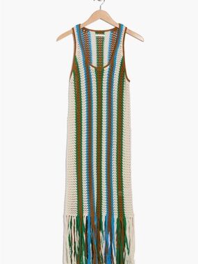 MOTHER Crochet Fringe Maxi Dress in Cream, Green & Blue